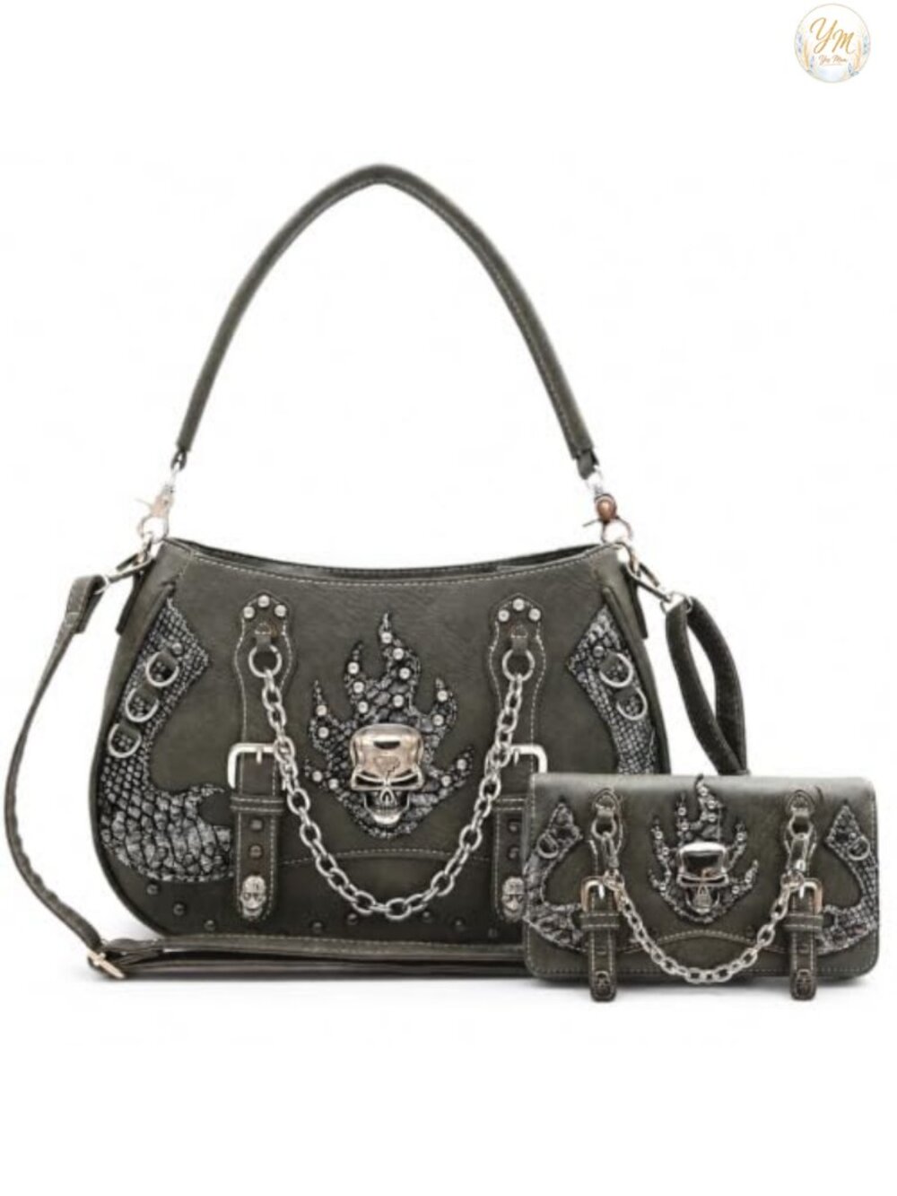 Gothic Skull Satchel Purse and Wallet Set with Faux Leather